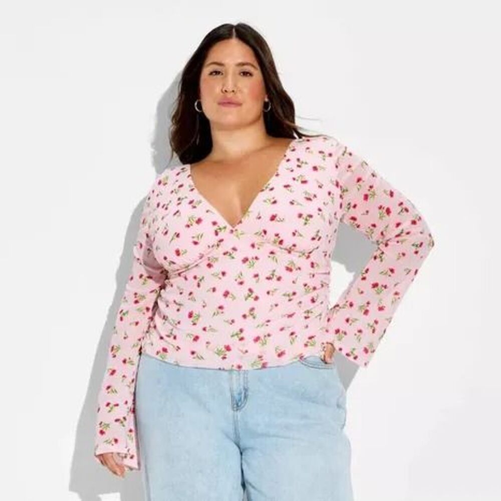 Women's Long Sleeve V-Neck Tie Back Top - Wild Fable Floral 2X